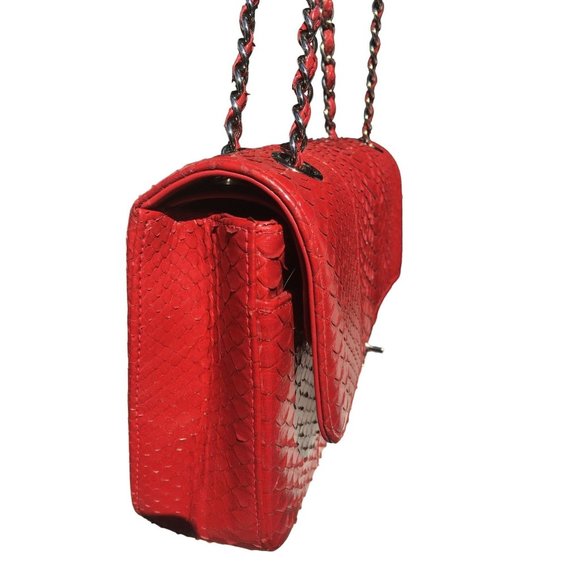 Chanel Womens Red Python Leather Classic Double Flap Jumbo Handbag - Picture 3 of 11